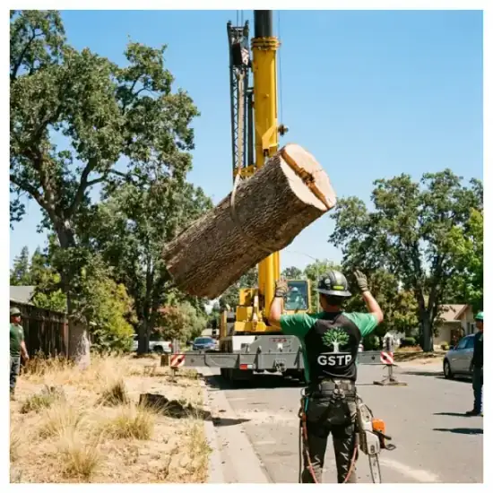 Crane lowering a tree section during a Johns Creek removal